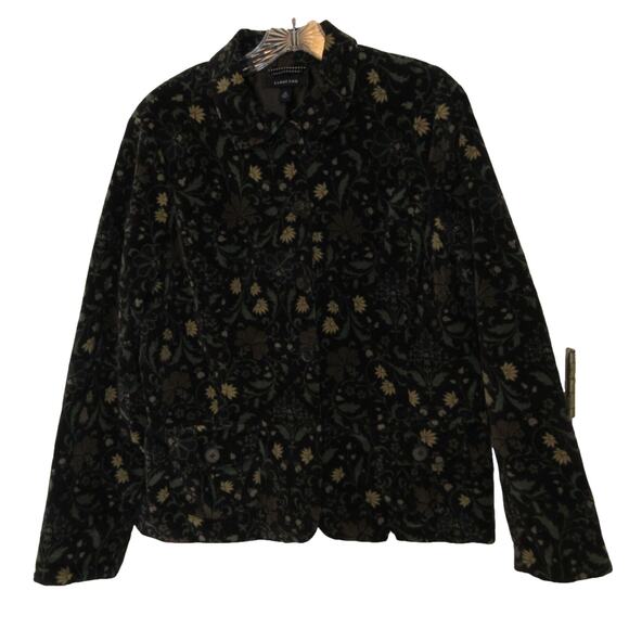 VTG Lands End Blazer Jacket Women's M Velveteen Blue Floral Print Button Front - Picture 1 of 8